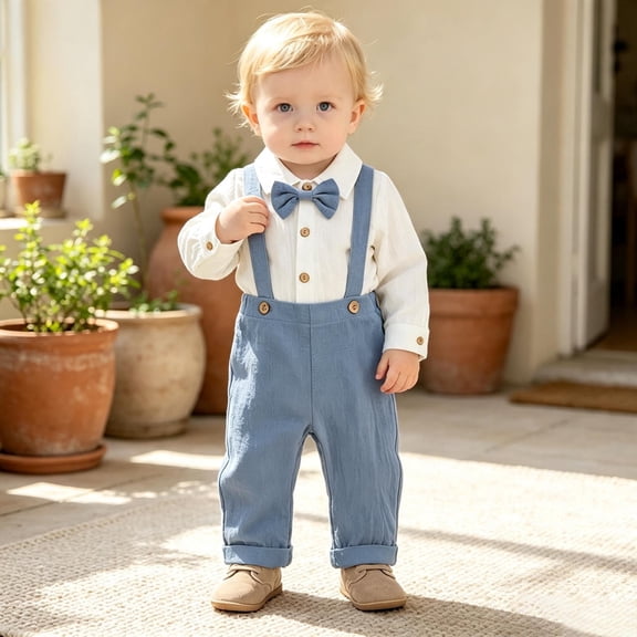 Glisme Boy Outfits Crewneck Short Sleeve Romper Bodysuit Suspenders Pants Solid Color Gentleman Suitgentleman Suit Soft Infant Playsuit Blue