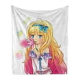 thumbnail image 1 of Anime Soft Flannel Fleece Throw Blanket, Manga Girl Blowing Bubbles from a Flower Japanese Cartoon Japan Art Print, Cozy Plush for Indoor and Outdoor Use, 60" x 80", Pink Yellow, by Ambesonne, 1 of 6