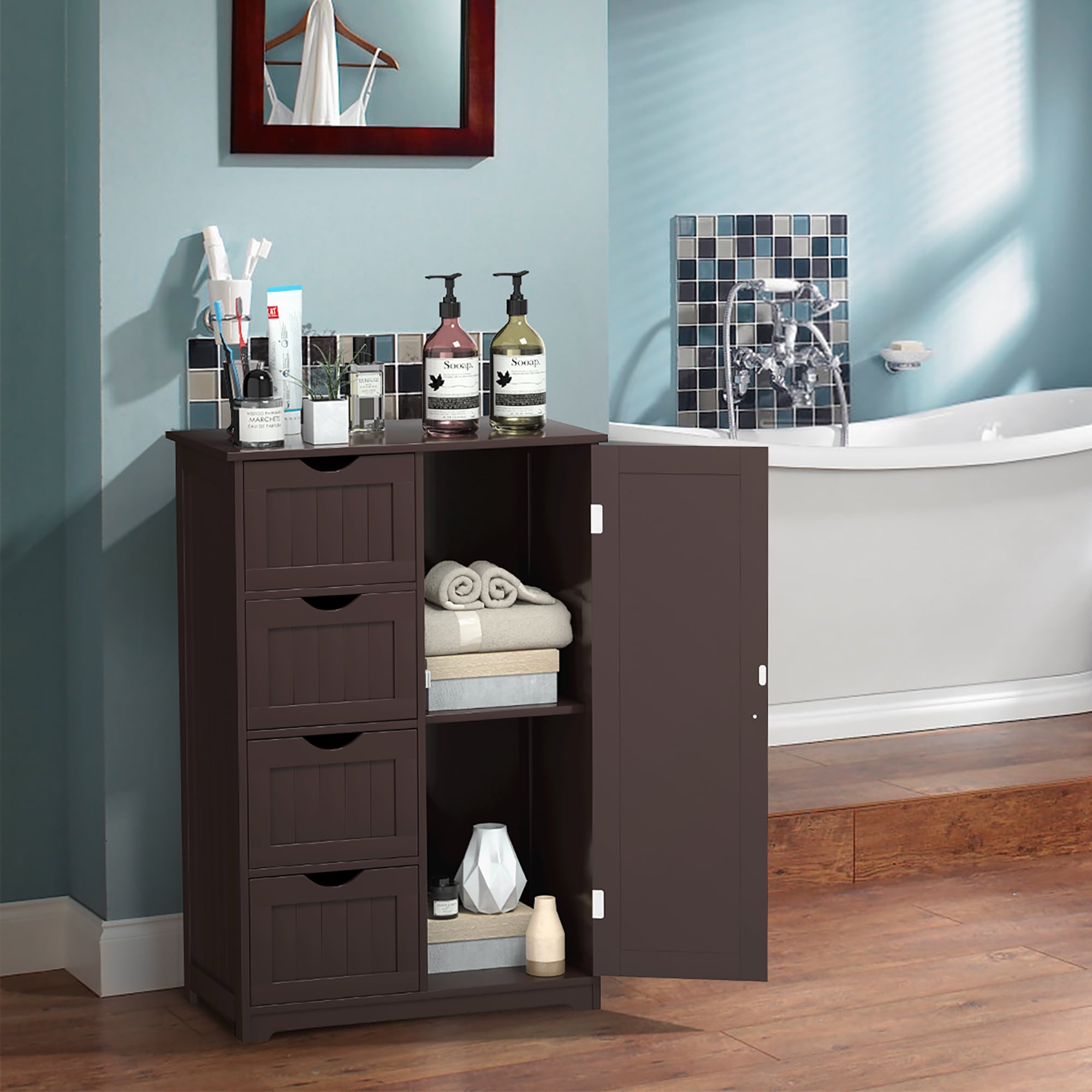 Costway Bathroom Storage Wooden 4 Drawer Cabinet Cupboard 2 Shelves Free Standing Brown  (图2)