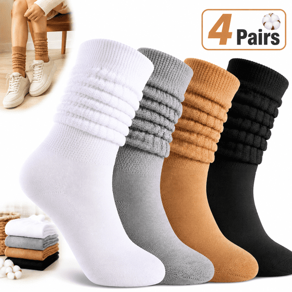  Emlimny 4 Pairs Slouch Cotton Knit Socks,Slouch Socks for Women,Retro Stacked Socks Soft Breathable Athletic Scrunch Calf Ankle Sock Long Chunky Scrunch Knee High Sock for Women
