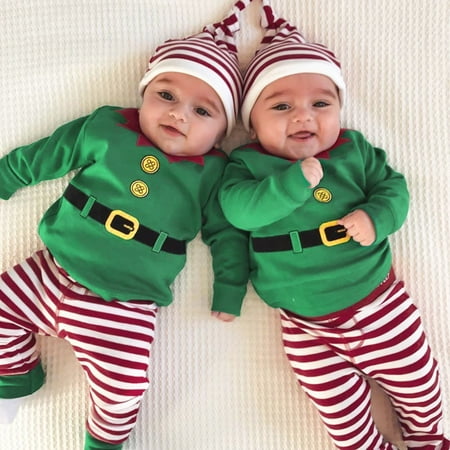 

RPVATI Newborn Infant Baby Toddler Clothes Christmas Long Sleeve Bodysuit Hat Striped Pants Set 3 Pieces Fall Winter Clothes Set