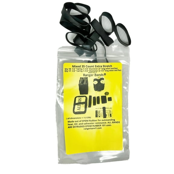 Ranger Bands®  Mixed 35 Extra Stretch made from  Black EPDM Rubber for Camping and Strapping Gear Made in the USA