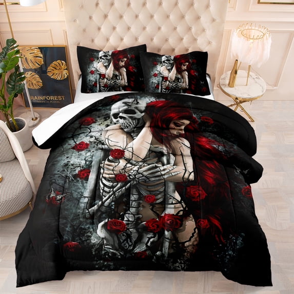 Ultra Soft Duvet Dark Skull Theme Bedding Queen Quilt Skull and Beauty Pattern Feather Silk Cotton 90"*90" with pillowcase