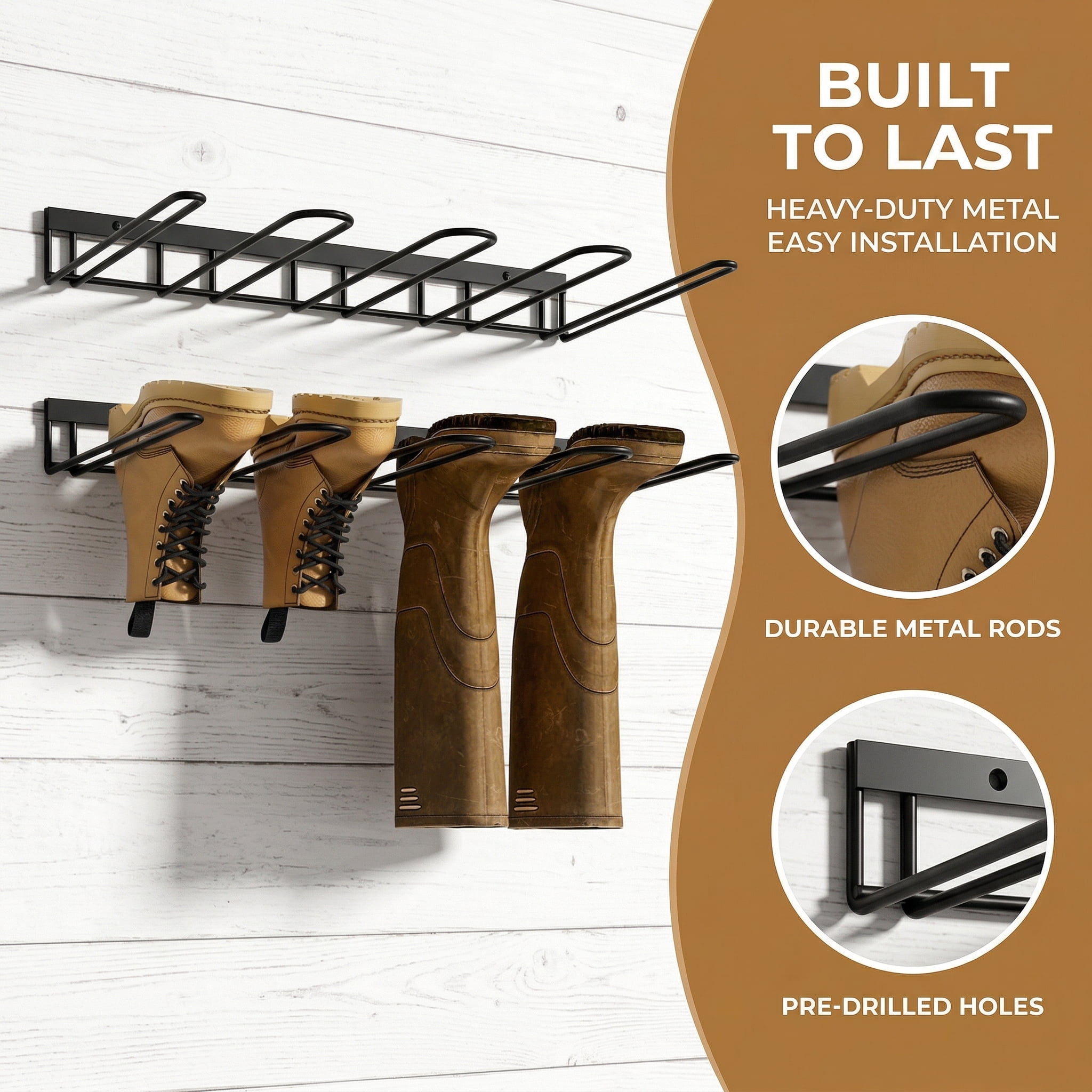 Boot Rack, Wader Hangers for wall, Metal Wall Mounted Shoe Racks, 4 Pair Boot Organizer for Tall Boots and Cowboy shoes, Boots Trays for Entryway,Garage (2 Pack)