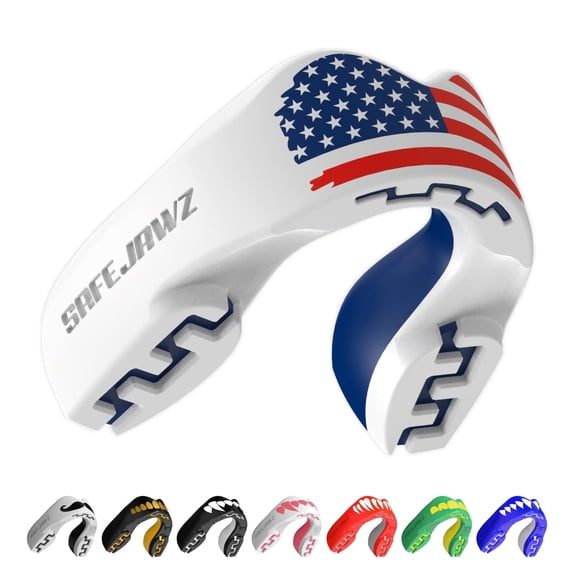 SAFEJAWZ Sports Mouth Guard, American Flag Dual Layer Adults and Junior Mouthguard with Case (Juniors < 11 Years, USA Flag)