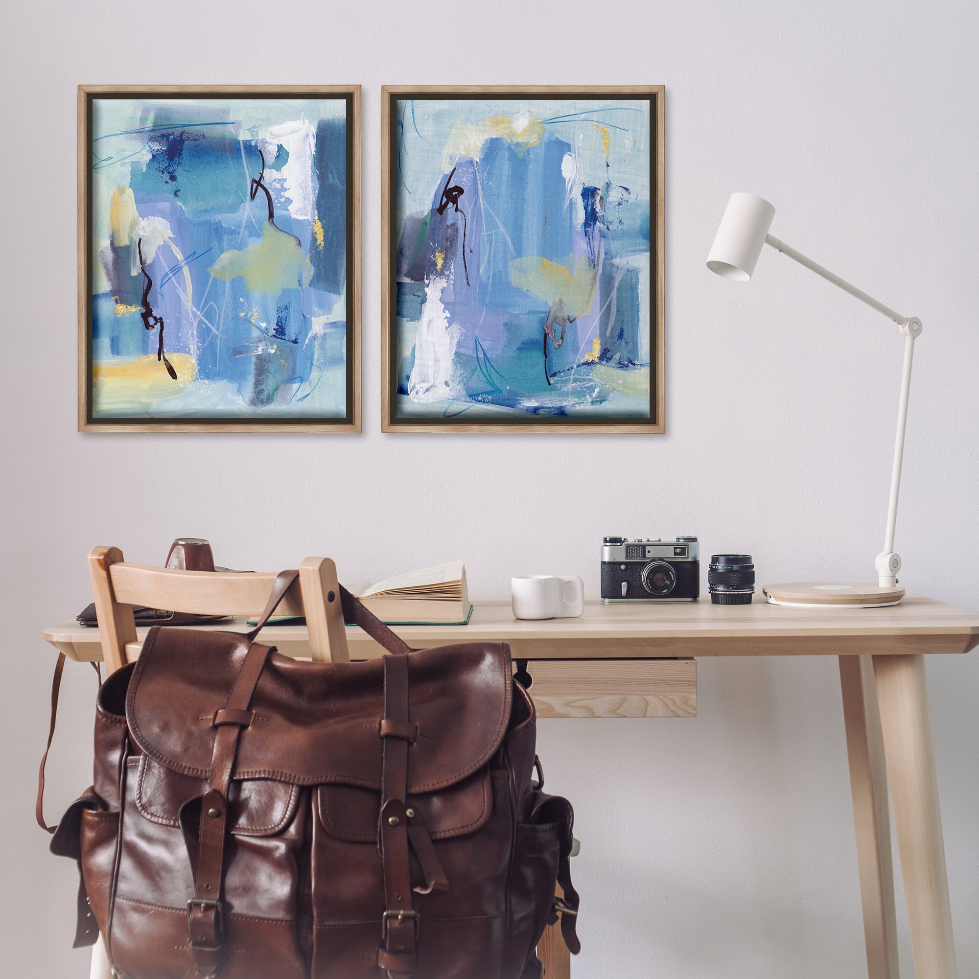Stupell Industries Blue Abstract with Yellow Abstract Painting Brown Floater Framed Canvas Art Print Wall Art, 31 x 25, Set of 2