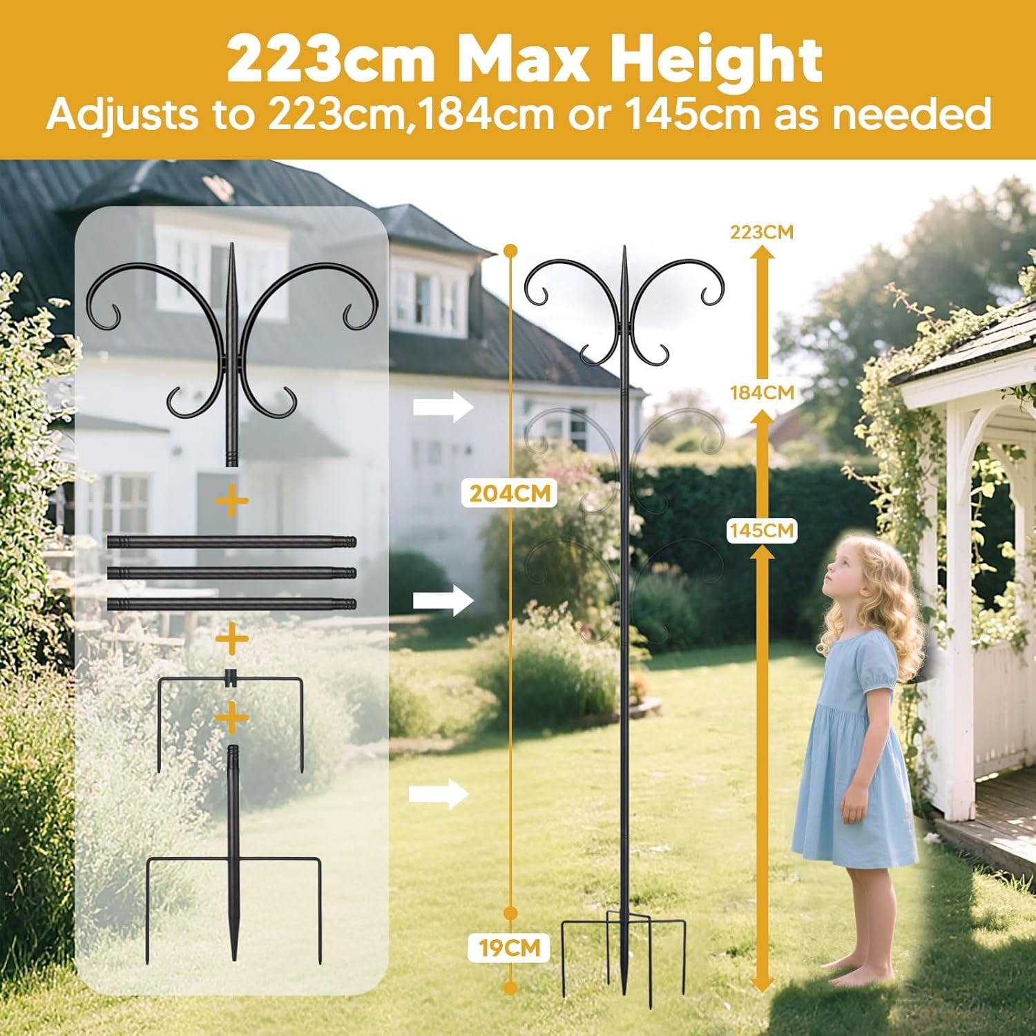 KOLAKO Bird Feeding Station, 223cm Extra Tall Bird Feeder Poles, Heavy Duty Metal Shepherds Hook for Birds Feeder, Garden Lights, Basket
