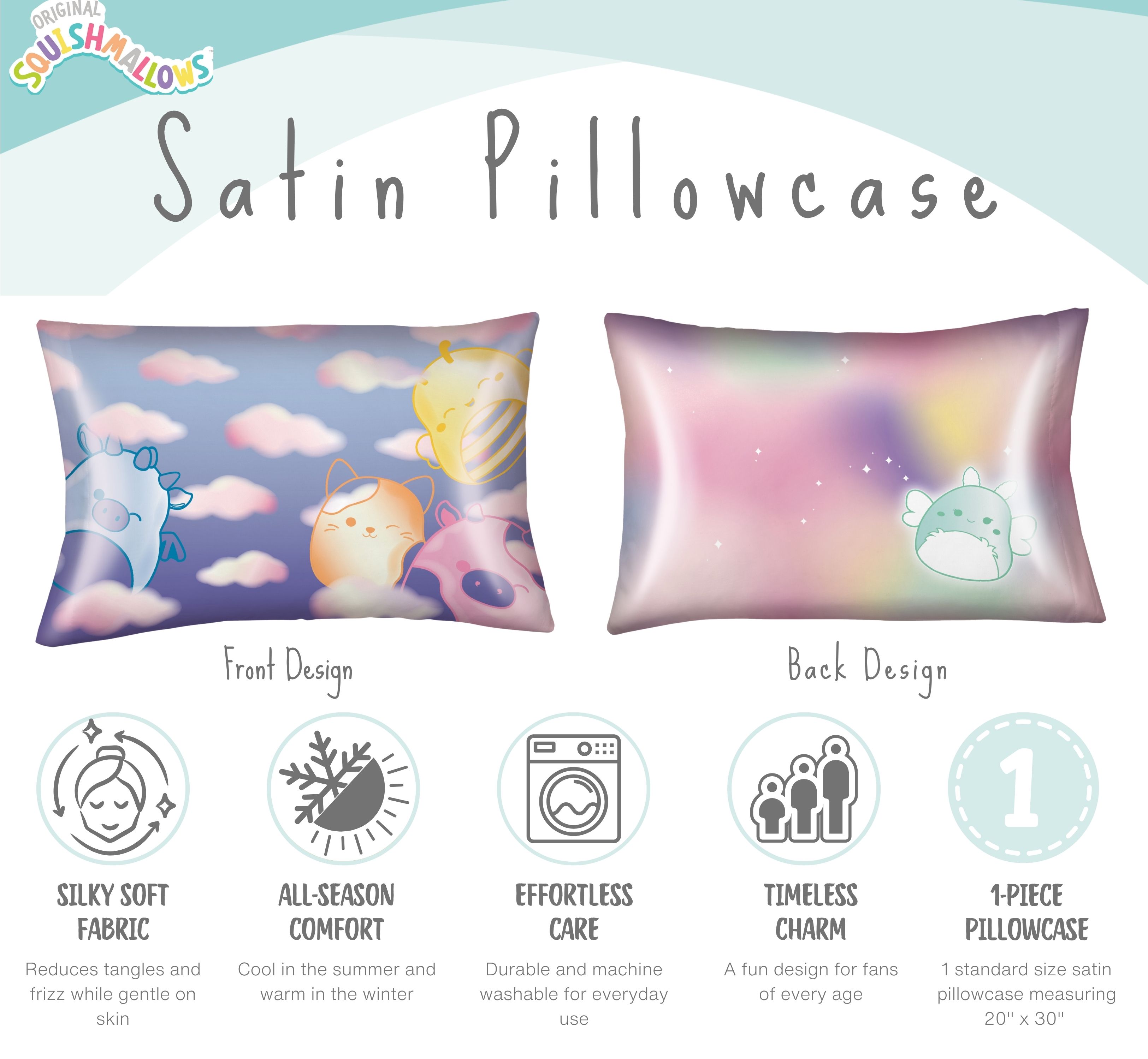 Squishmallows Blue Pink Reversible Silky Satin Pillowcase, Standard Size, 1-Pack
