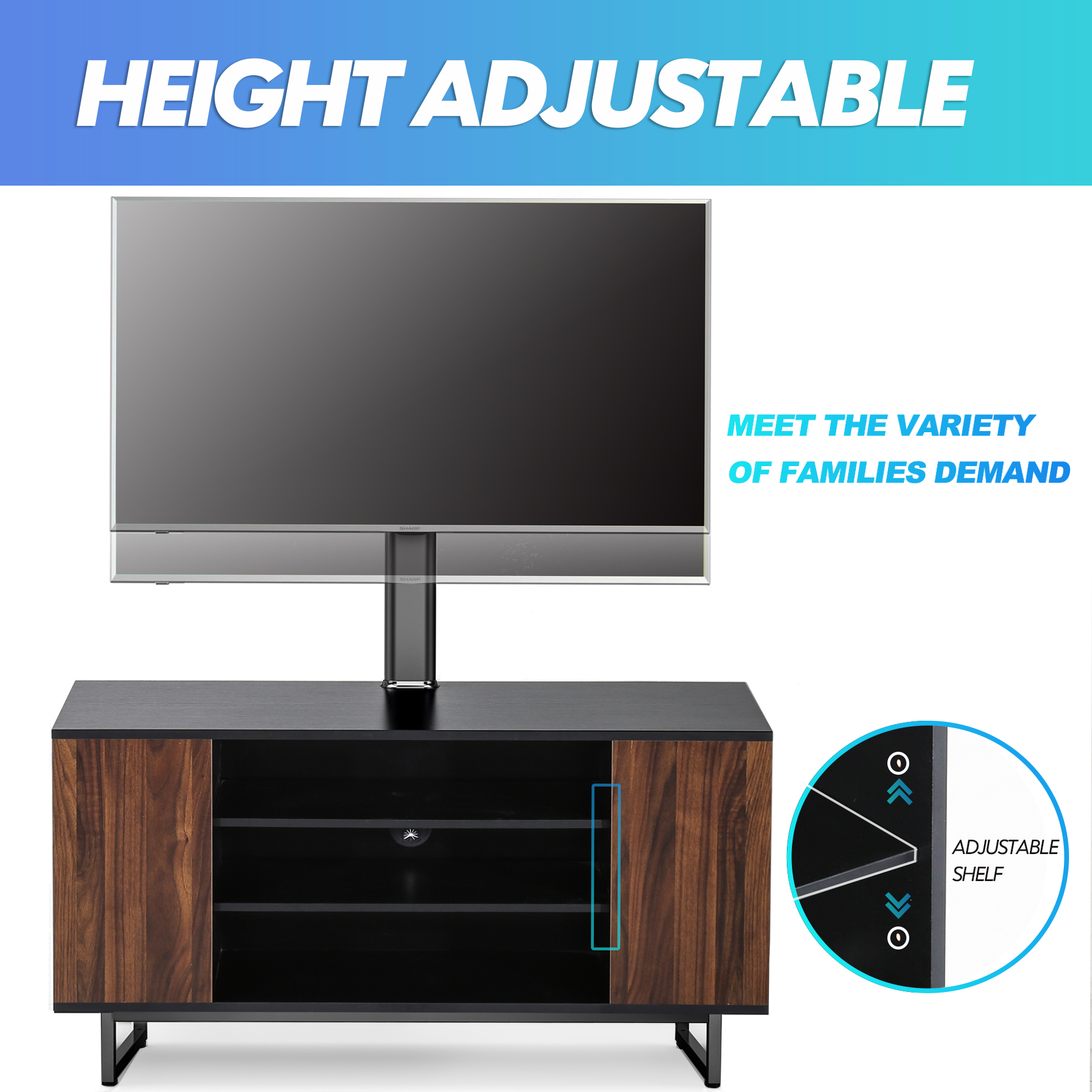 FITUEYES Universal TV Stand Base - Floor TV Stand with Swivel Mount for 32-70 inch Height Adjustable Media Storage Stand Wooden Shelves for Media Player TW310601MB - image 4 of 7