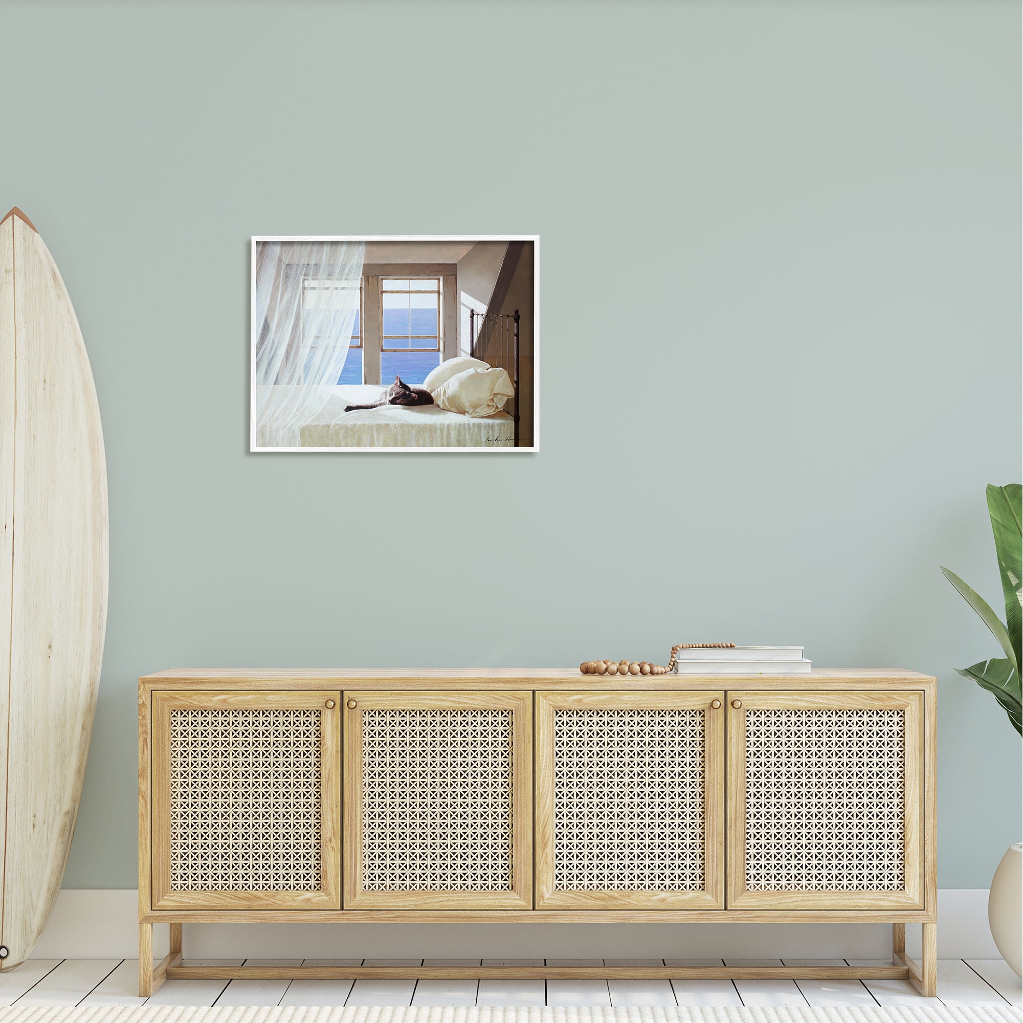 Stupell Industries Cat Resting on White Oceanside Bed Nautical Painting Framed Art Print Wall Art, 30x24, By Zhen-Huan Lu