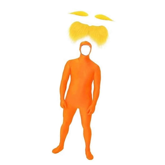 3Pcs Tangerine Costume Accessories World Book Day Outfits Fake Mustache Beard and Yellow Eyebrows Open Face Bodysuit Adult Onesie Set