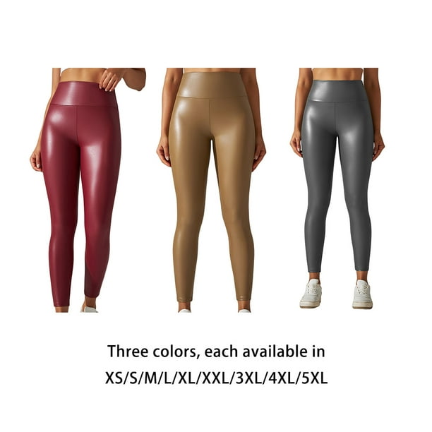 relayinert Women Leather Leggings High Waist Yoga Pants Not Crack Skinny  Leisure Fashion Fitness Tights Large Size for Dancing Yellow L