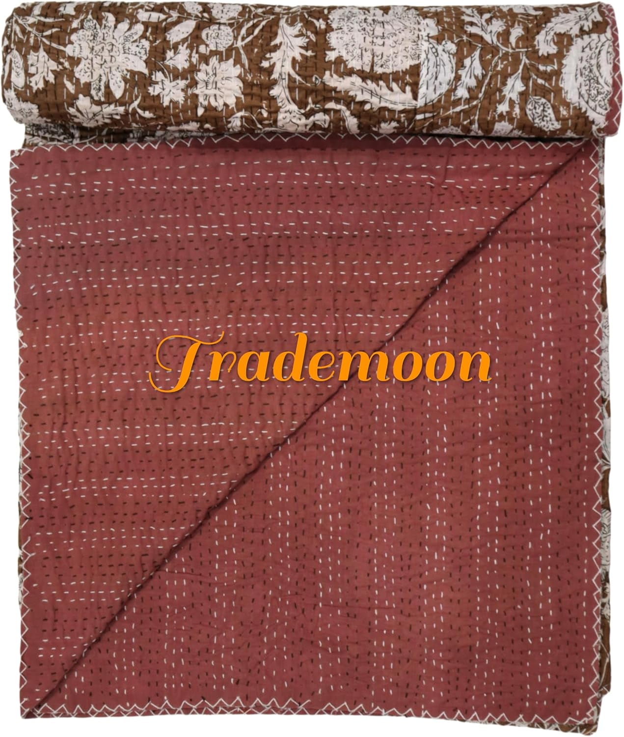Indian Vintage Floral Kantha Quilt, Brown and White Cotton Bedspread with White Stitched Pattern, Kantha Gudri (King - 108" x 108")