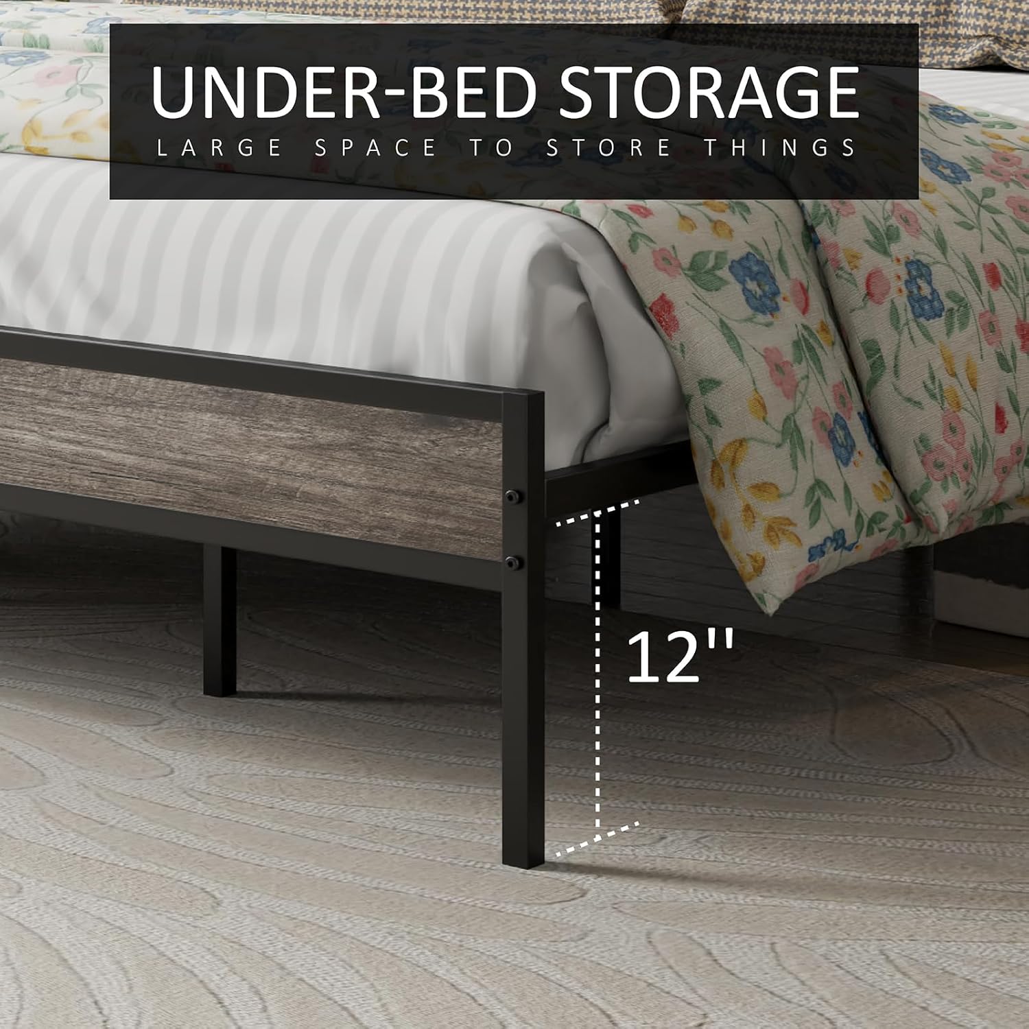 Merluxy King Size Bed Frame Industrial Platform Bed with Charging Station, 2-Tier Storage Headboard/ No Box Spring Needed/ Noise-Free/ Rustic Gray