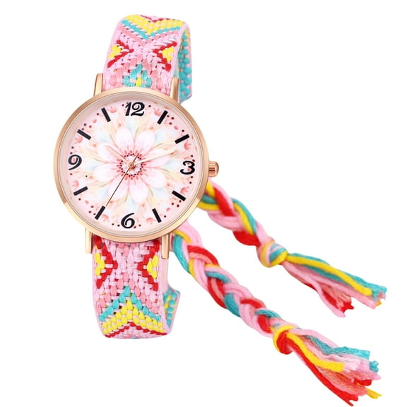 Avaner Woven Strap Watch for Women:Round Flower Dial Quartz Wristwatch Handmade Ethnic Adjustable Drawstring Weave Bracelet Wristwatch