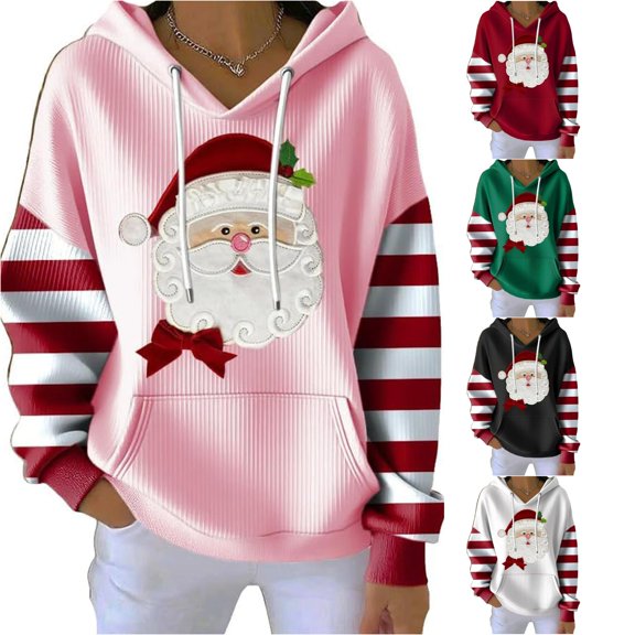 FYDUU Christmas Hoodies for Women Casual Santa Sweatshirt Cute Graphic Hoodie Pullover Merry Christmas Sweatshirts Holiday Tops