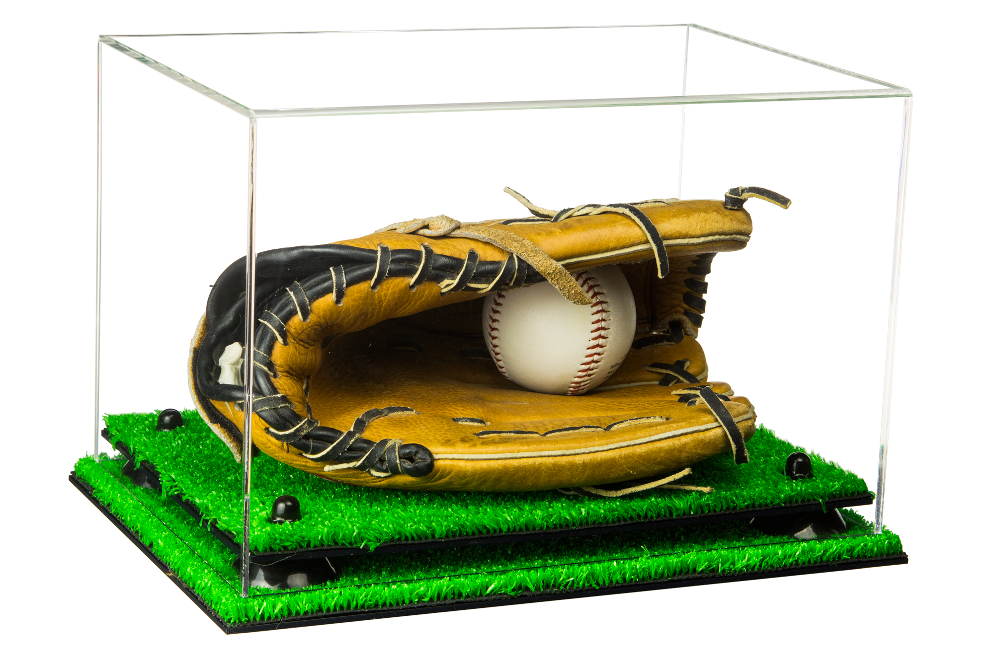 Deluxe Clear Acrylic Baseball Glove Display Case with Black Risers and Turf Base (A004BR