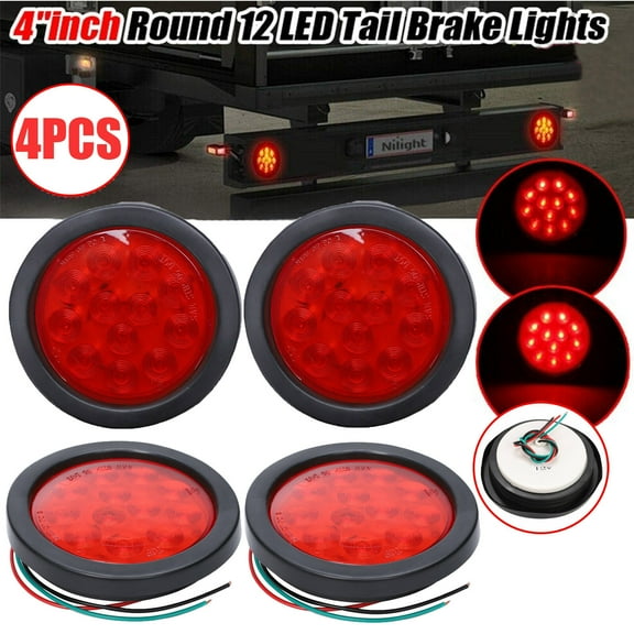 4x 4" Round 12 LED Stop Turn Brake Tail Light Flush Mount Truck Trailer Red