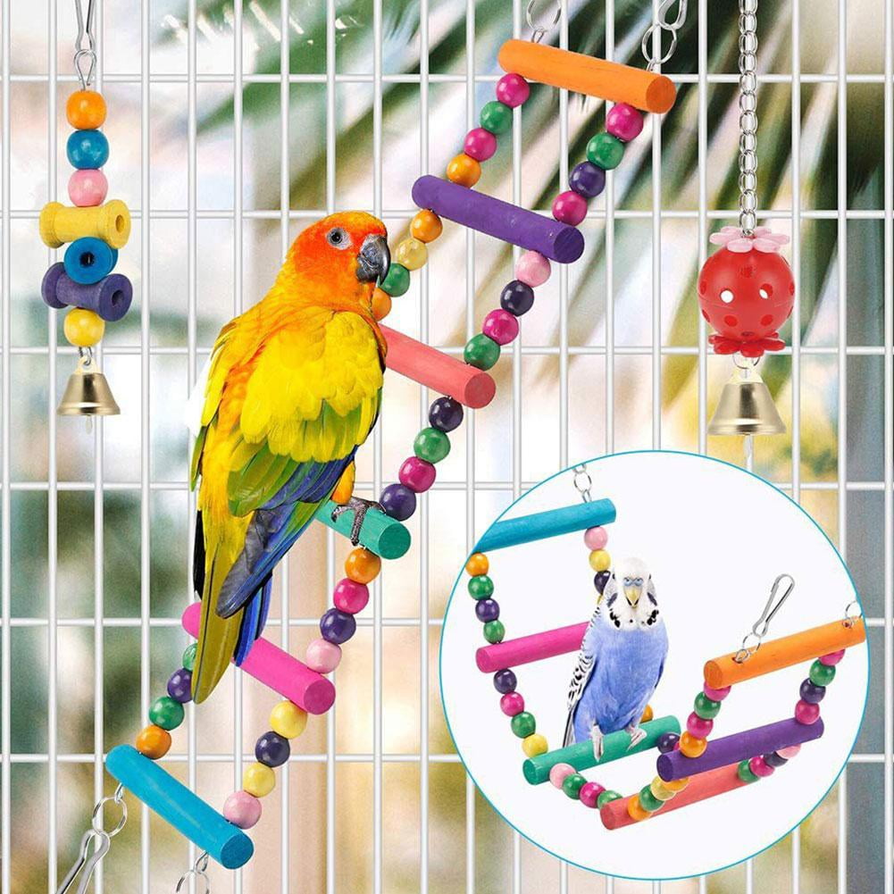 11-Piece Natural Wood Bird Cage Toys Set for Parrots, Parakeets, Cockatiels - Chewable Swing, Beads, and Foraging Fun