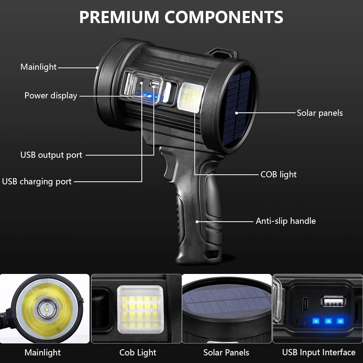 Rechargeable Spotlight, 90,000 Lumens Handheld Hunting Flashlight Led Spot Light with Cob Light and Solar Panels, Lightweight and Super Bright Spotlight for Hunting Boating Camping