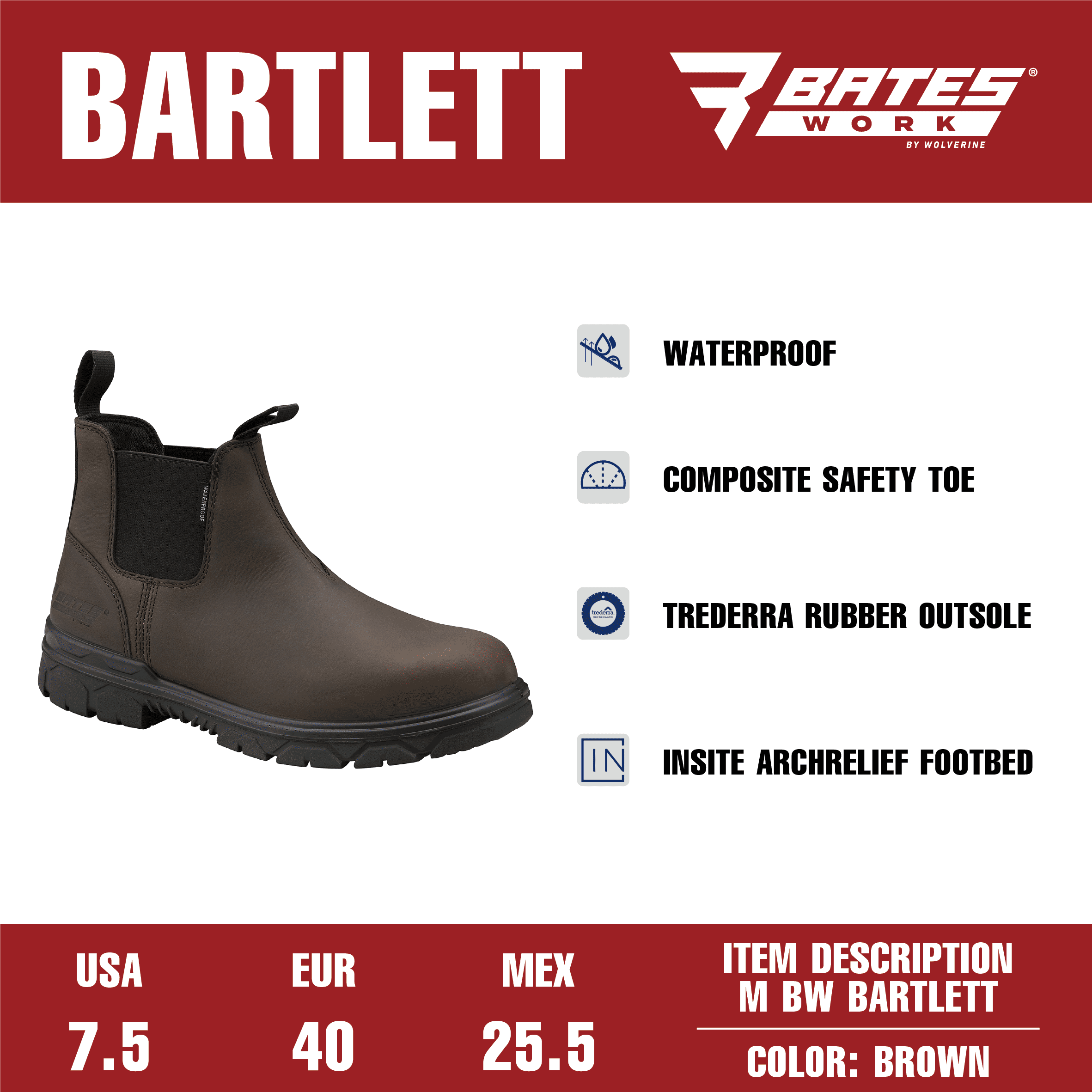 Bates Work by Wolverine Men's Bartlett Waterproof Comp Toe Chelsea Work Boot