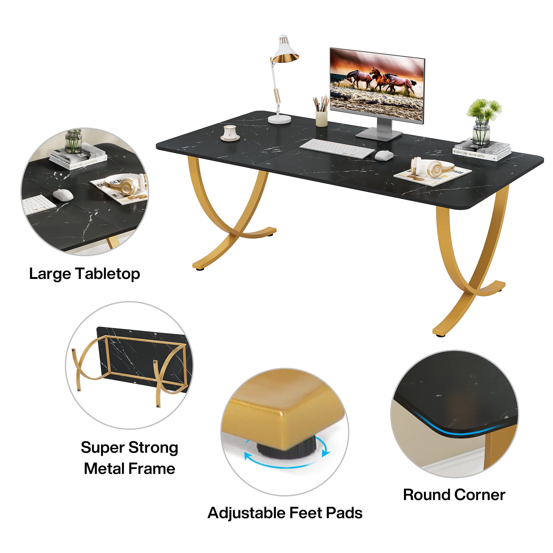 Tribesigns 63" Executive Desk, Large Office Desk with Black & Gold Finish, Modern Computer Desk for Home Office, Conference Room