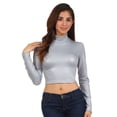 thumbnail image 5 of Sakkas Matte Liquid Mock Neck Turtleneck Long Sleeve Crop Top - Made in USA - Silver - 2X, 5 of 7