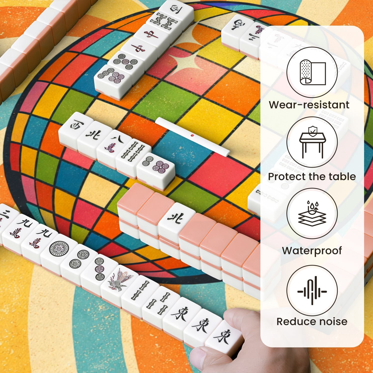 Mahjong Mat 31.5" x 31.5" Colorful Disco Ball Retro Swirl Non-Slip Noise Reduction Mahjong Tiles Table Cover for Dominoes Poker Card Board and Tile Games