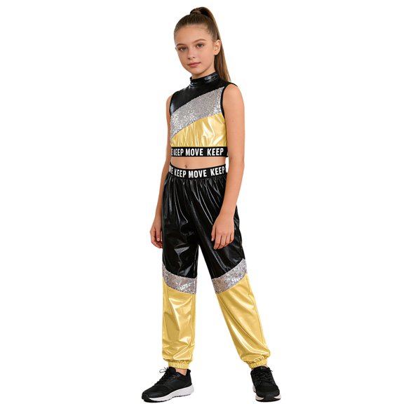 TiaoBug Kids Girls Jazz Hip Hop Street Dancing Outfit Sleeveless Sequin Crop Top with Dance Pants Set Black 16