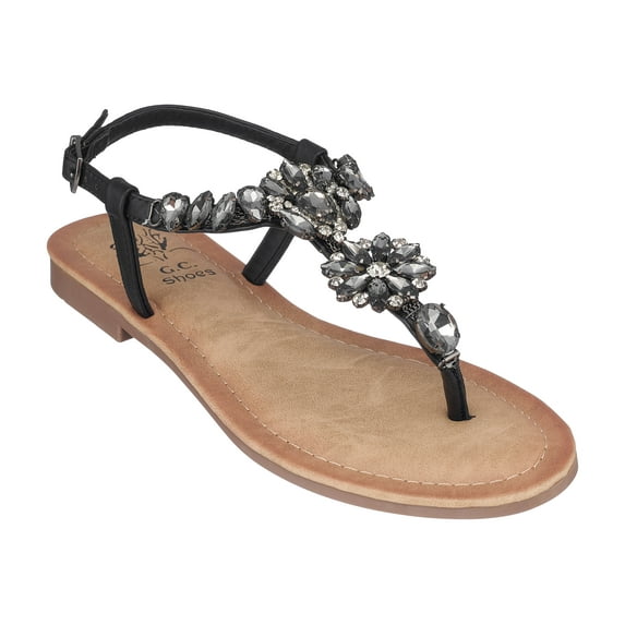 GC Shoes Women's Jeweled T Strap Flat Sandals, Dressy Summer Ankle Buckle Flats, Comfortable Fashion Sandal, Angie/Black/7.5