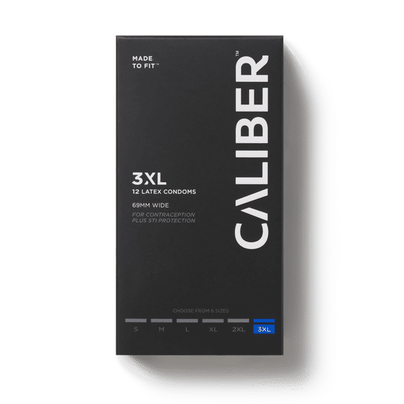 Caliber 3XL Condoms — XXXL Condoms, The Largest Condoms for Men, Super Wide Fit, 69MM Wide, Lubricated, Latex, FDA-Cleared, 12 Count