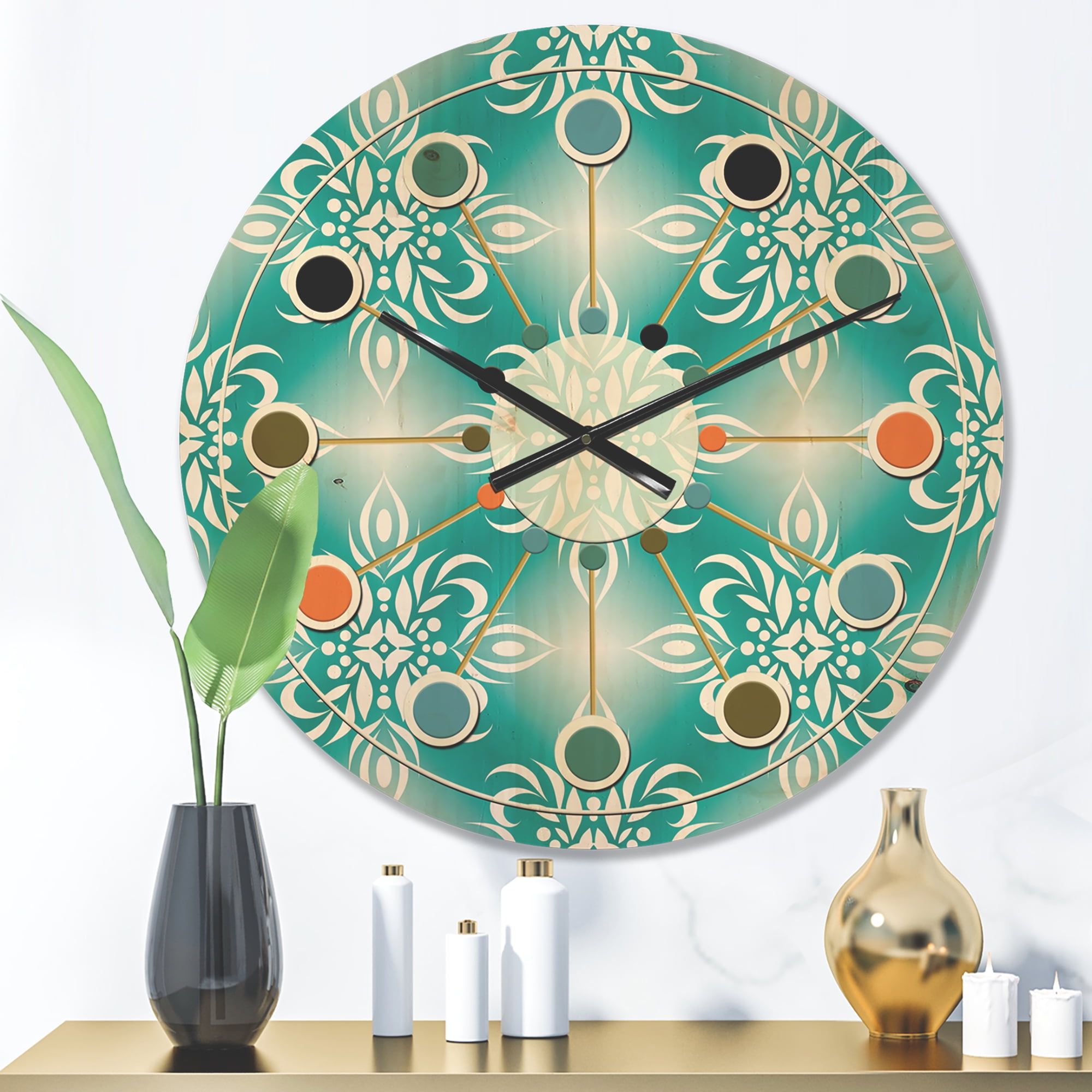 Designart 'Turquoise Retro Pattern' Mid-Century Modern Wood Wall Clock