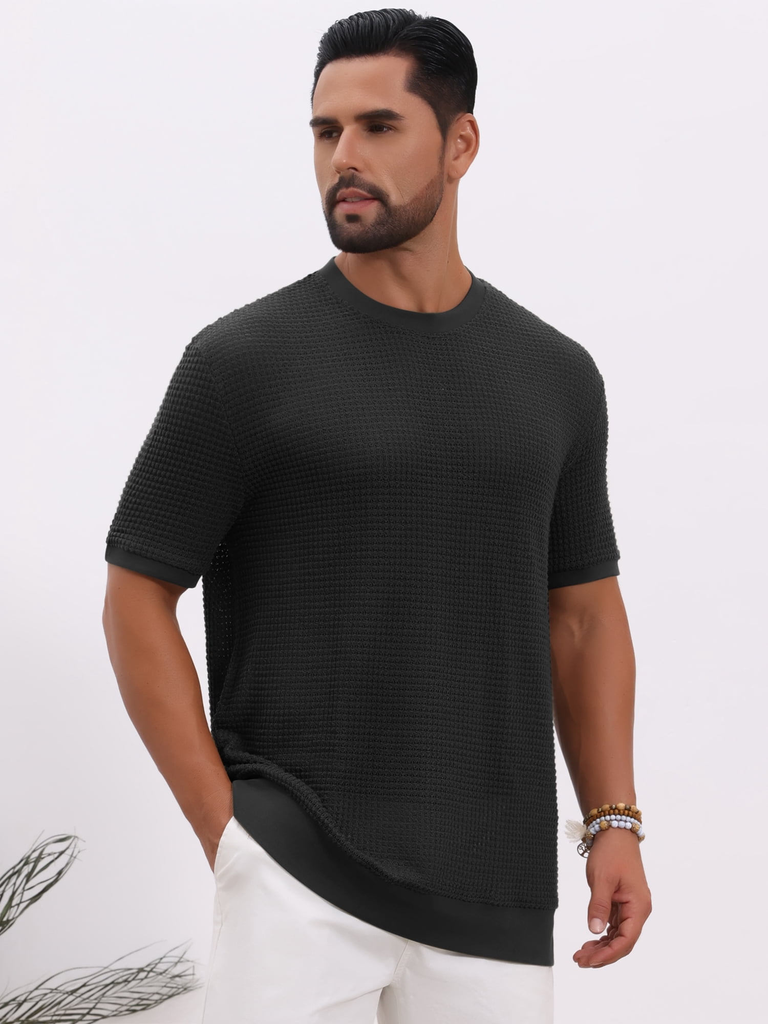 DARING DIVA Men's Waffle Short Sleeve Crew Neck Solid Knitted T-Shirt XL Black