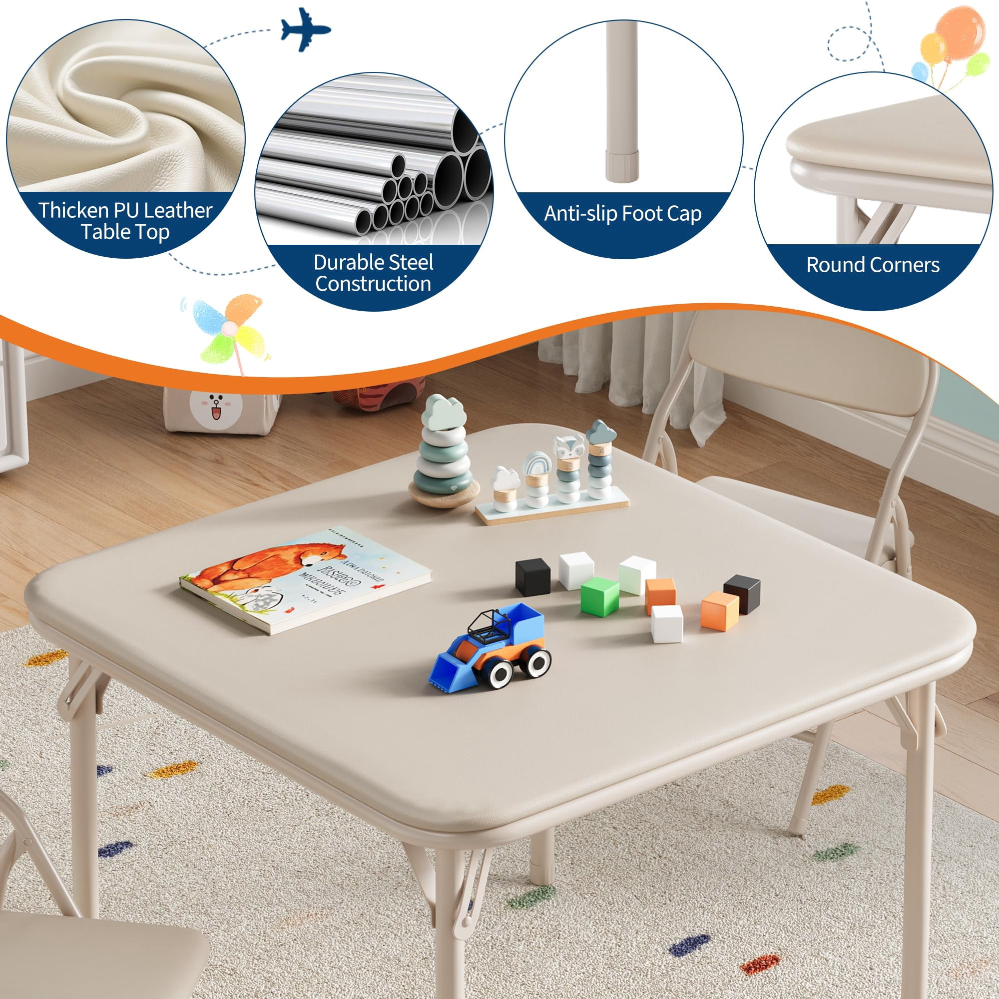 Huisuilinss Kids Folding Table And Chairs,Square Children's Activity Table And Chairs,Kids Table And Chair With Padded Cushion,Metal Folding Activity Table With Chair For Dining Daycare Classrooms