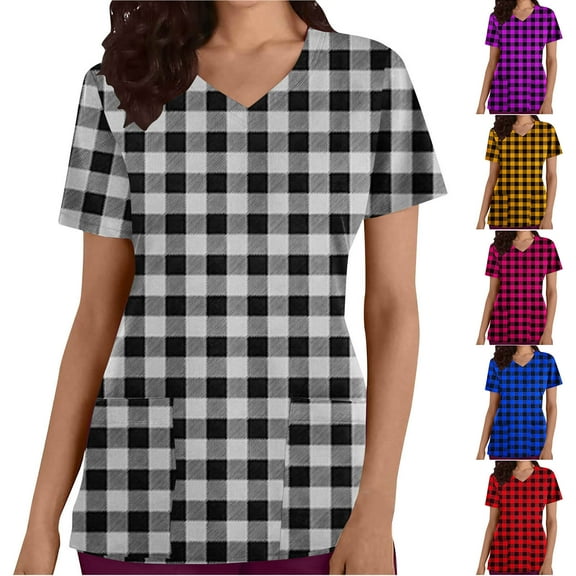 QATAINLAV Scrub Tops for Women 2025 Trendy Plaid Printed Short Sleeve V Neck Nursing Working Uniform T-Shirts with Pockets Casual Caregiver Top Clearance Sale Blue L