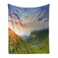 thumbnail image 1 of Mountain Soft Flannel Fleece Blanket, Majestic Sunrise in Hills Mottled Clouds Fresh Grass Serenity Morning Mist, Cozy Plush for Indoor and Outdoor Use, 50" x 70", Blue Green Orange, by Ambesonne, 1 of 6