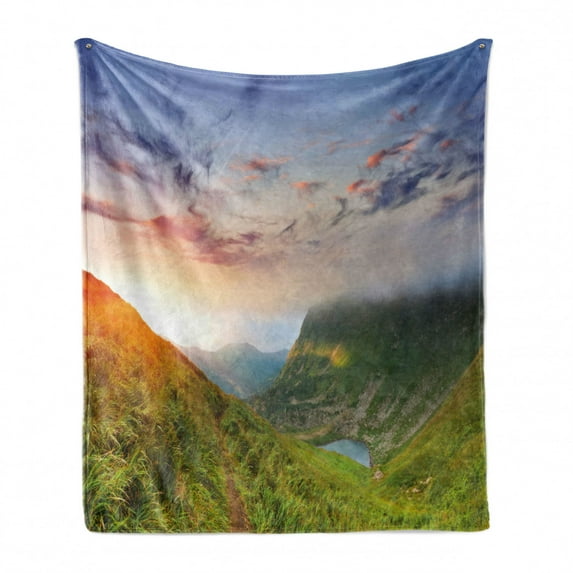 Mountain Soft Flannel Fleece Blanket, Majestic Sunrise in Hills Mottled Clouds Fresh Grass Serenity Morning Mist, Cozy Plush for Indoor and Outdoor Use, 50" x 70", Blue Green Orange, by Ambesonne