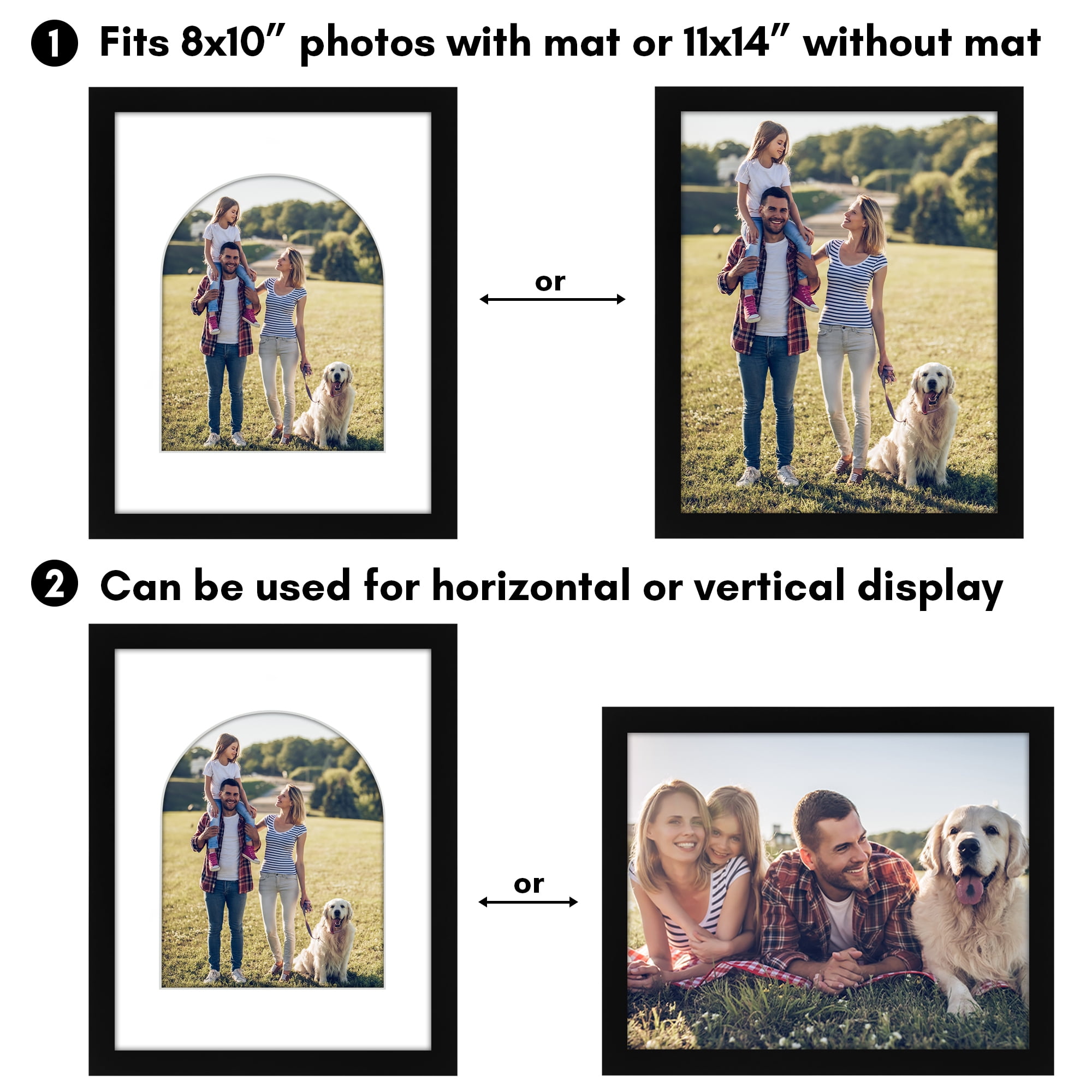 Americanflat 11x14 Picture Frame with Shatter-Resistant Glass Arch shaped Mat photos unique border - Black