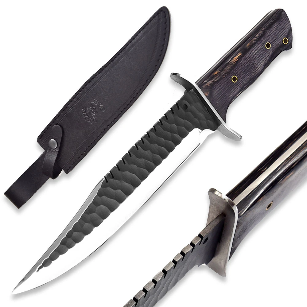 First Blood Rambo Style Survival Hunting Knife, 9.25 Inch 1025 High Carbon Steel Blade, Full Tang with Genuine Leather Sheath