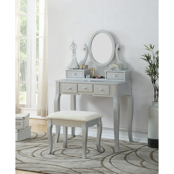 Ashley Wood Make-Up Vanity Table and Stool Set, Silver