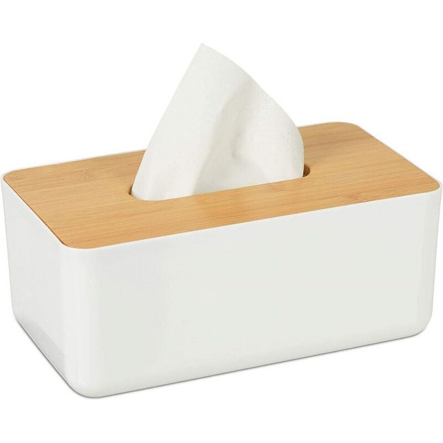 Dispensador de pañuelos de plástico con tapa de bambú para baño 10x23x13cm