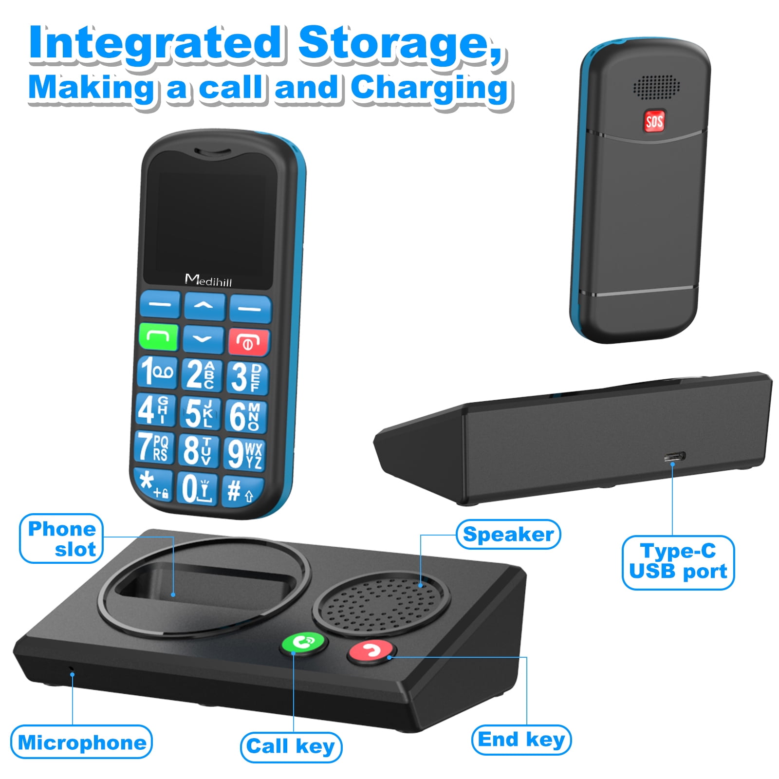 Big Button Mobile Cell Phone SOS for Elderly Senior with Base (Blue) - Medihill