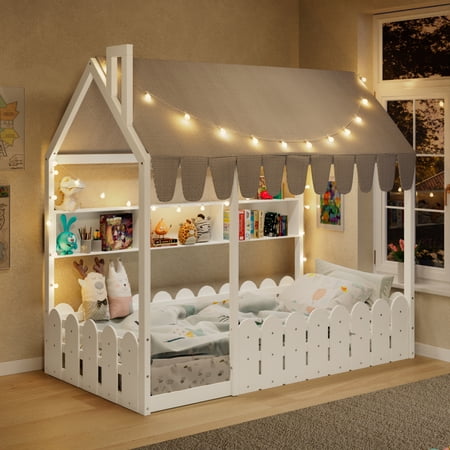 Twin Size Montessori House Bed,Floor Bed with Fence Railings, Tent, Lights and 3 Storage Shelves,Bedroom Furniture,White