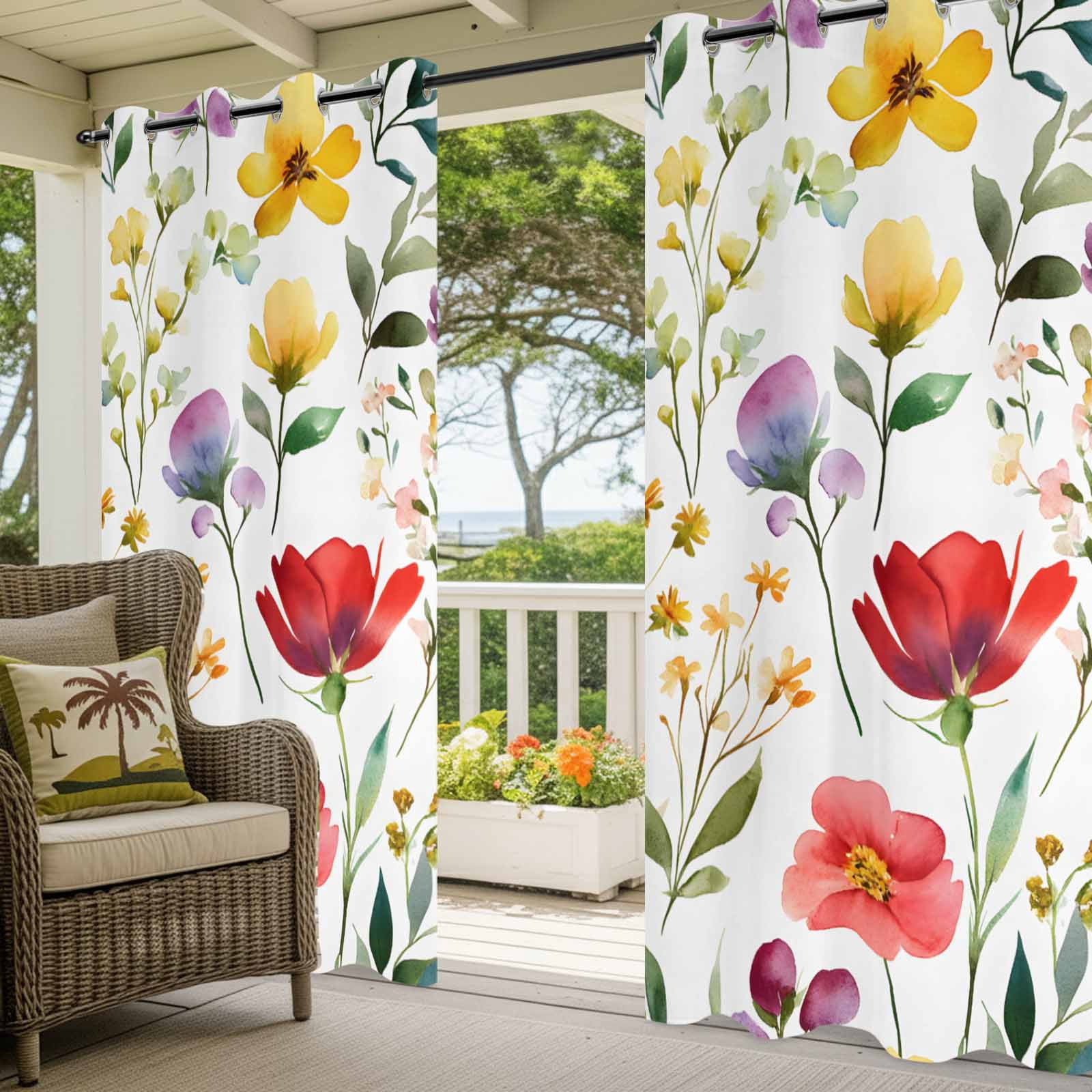 Spring Floral Outdoor Curtains for Patio, Gradient Red Purple Yellow Flowers Romantic Farmhouse Waterproof Outside Curtains Privacy Blackout Curtain for Porch Pergola Cabana, 2 Panel 54W x 108L Inch