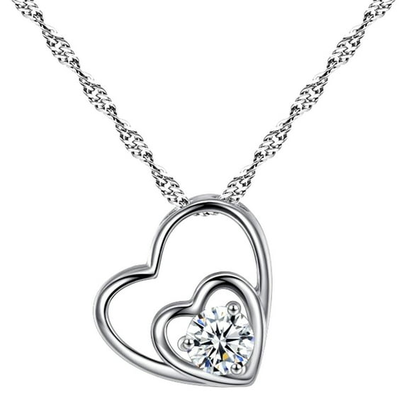Riforla Fashion Women Double Heart Pendant Necklace Chain Jewelry Womens Jewelry Silver