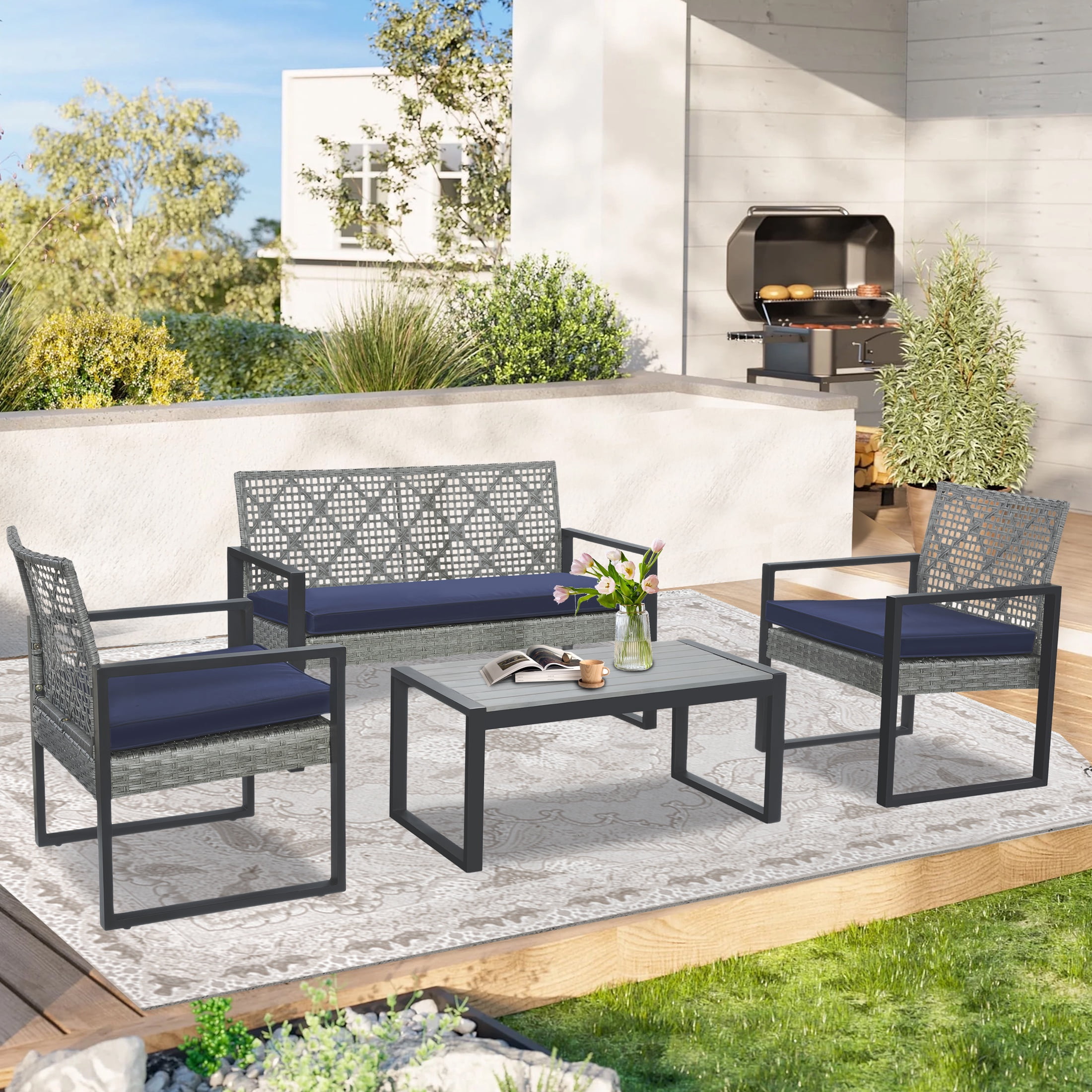 Clearance! Patio Conversation Set for 4, All-weather Outdoor Rattan Furniture Set, Wicker Sectional Patio Table and Chairs Set for Porch Backyard Balcony, Navy Cushions