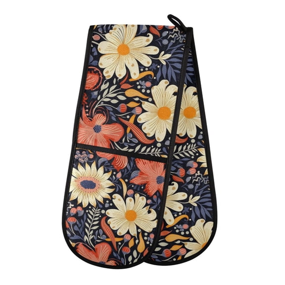 Dailycode Double Sided Oven Mitt with Loop Heat Resistant Kitchen Long Potholders 7" x 35" Hand Drawn Flower Plant
