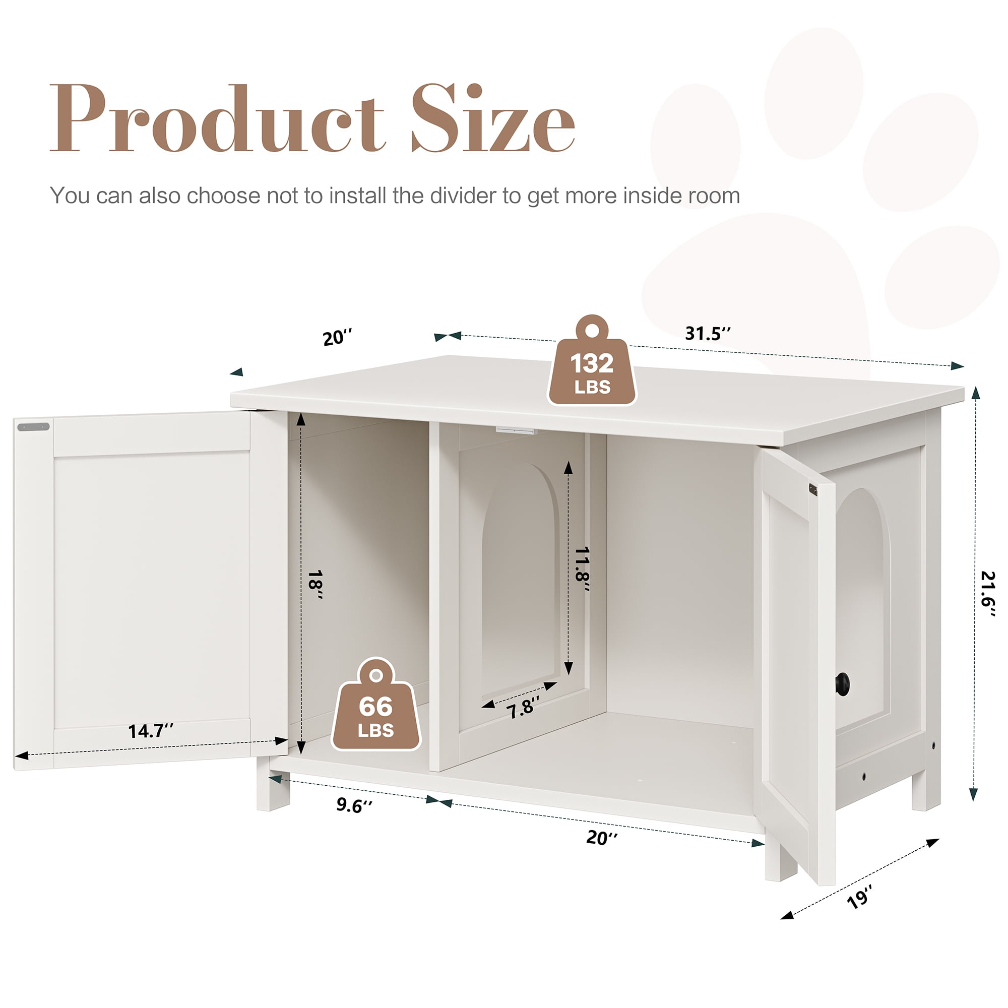 Walsunny Hidden Cat Litter Box Cat Washroom with Double Removable doors and Divider Indoor for Living Room White