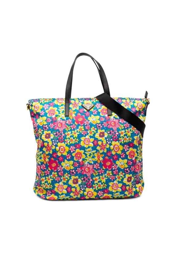 Pre-Owned Prada Triangle Logo Plate Floral Tote Bag Shoulder 2WAY B2600F Blue Pink Multicolor...