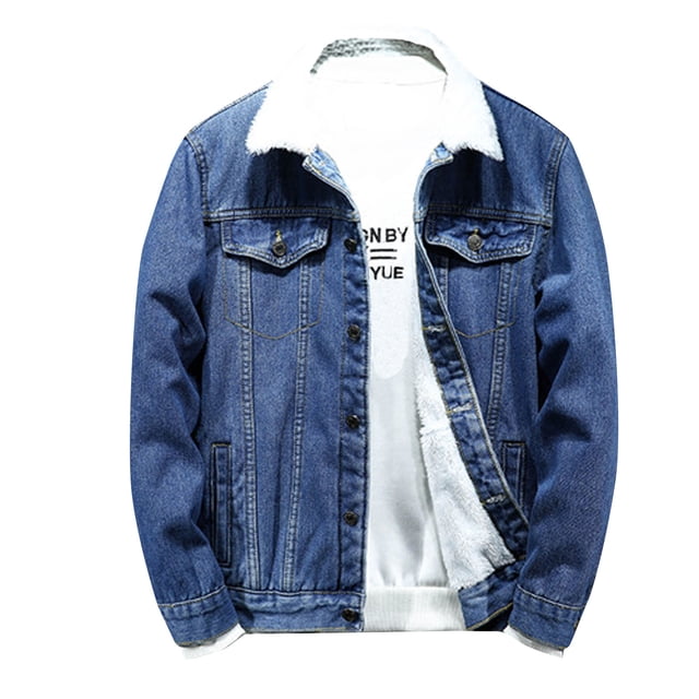 Men Casual Solid Thick Denim Jacket Plus Fleece Turndown Jacket Pocket Coat